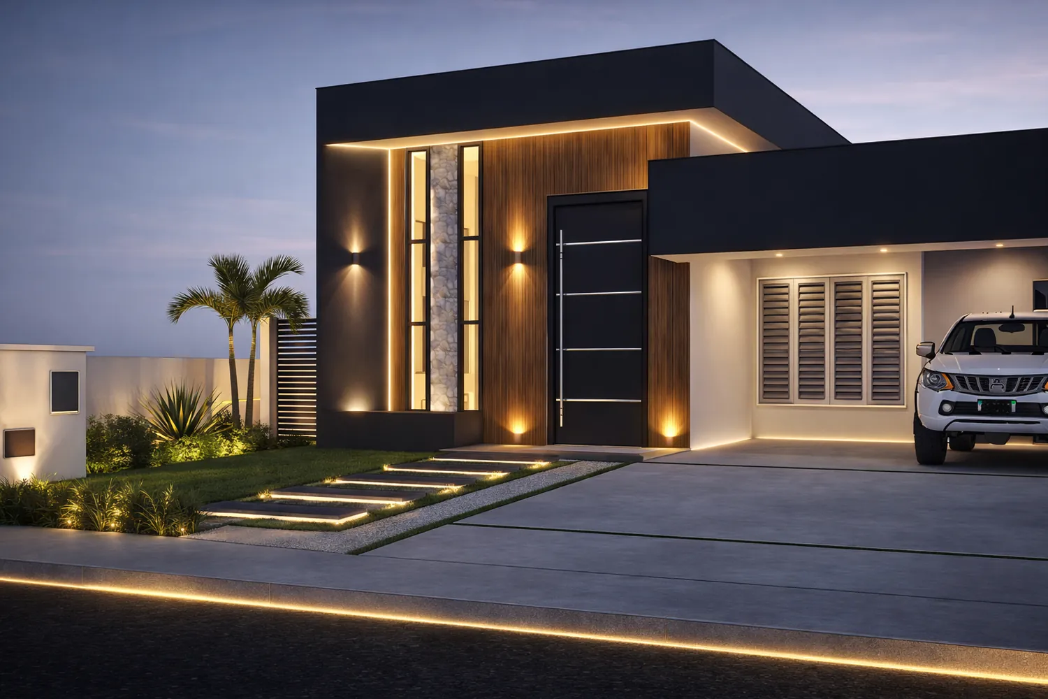 Casa CA: fachada da residência de alto padrão com iluminação de destaque