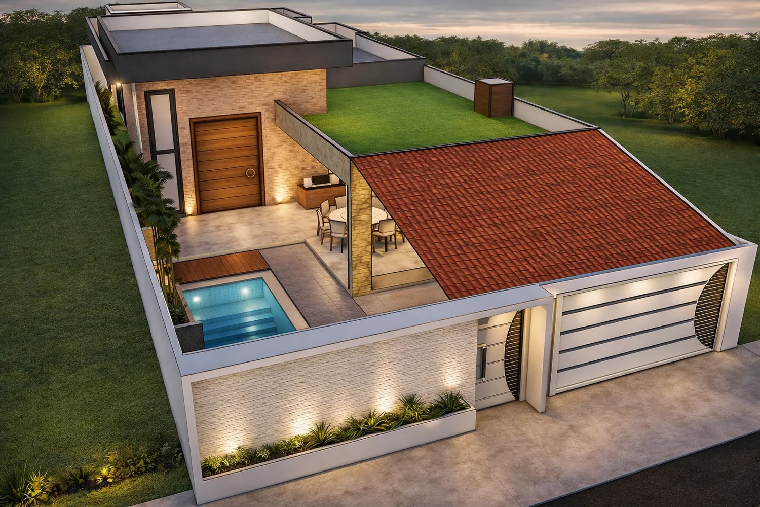 Casa MaJu: implantação da residência térrea de 250 m² com piscina e área gourmet