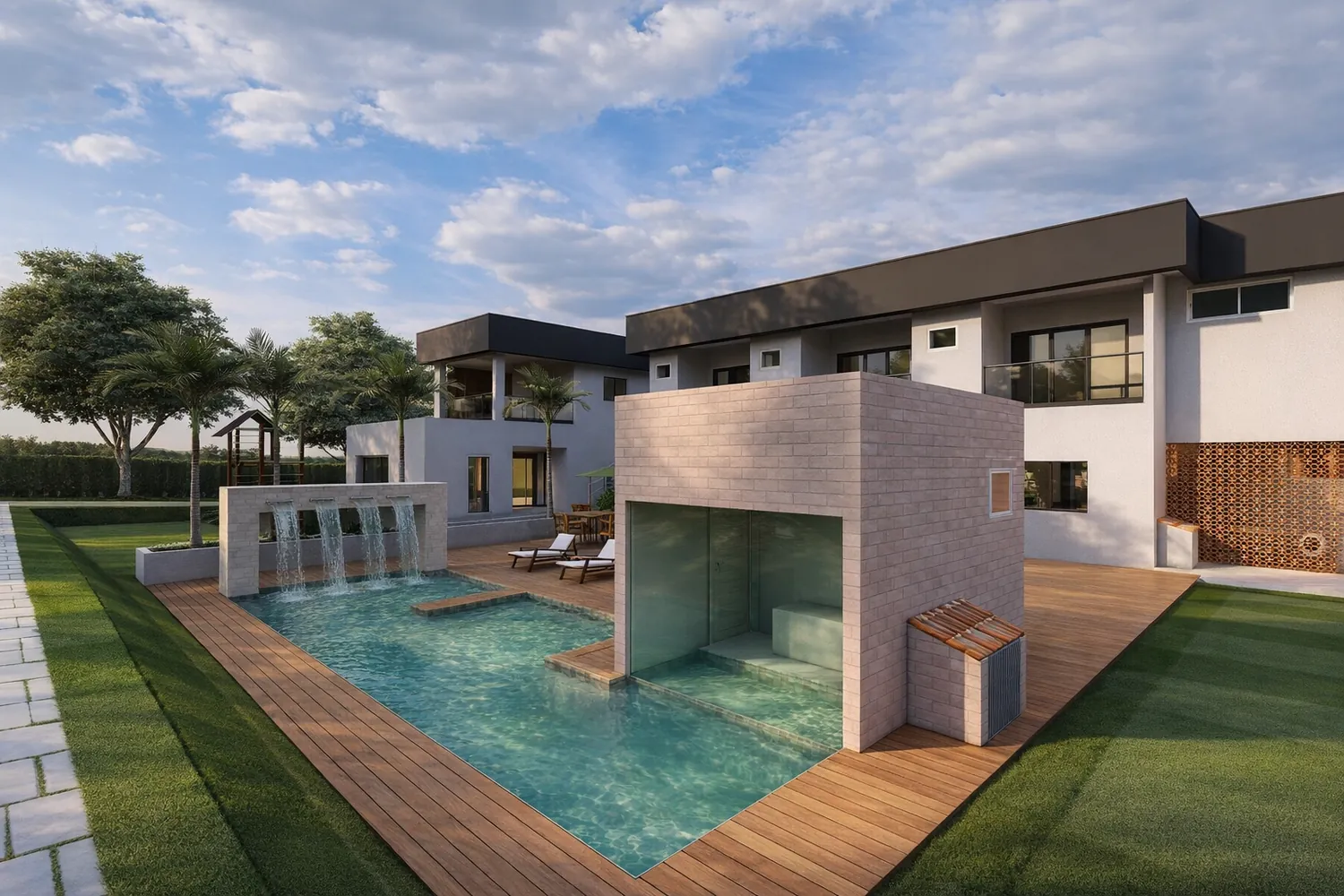 Área de lazer com piscina do Rancho Albernaz, projeto residencial de alto padrão da Sketium