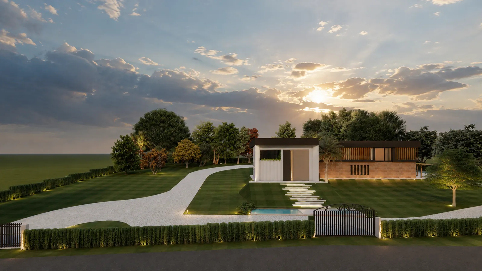 Rancho Albernaz: implantação do projeto residencial de 630 m² ao pôr do sol